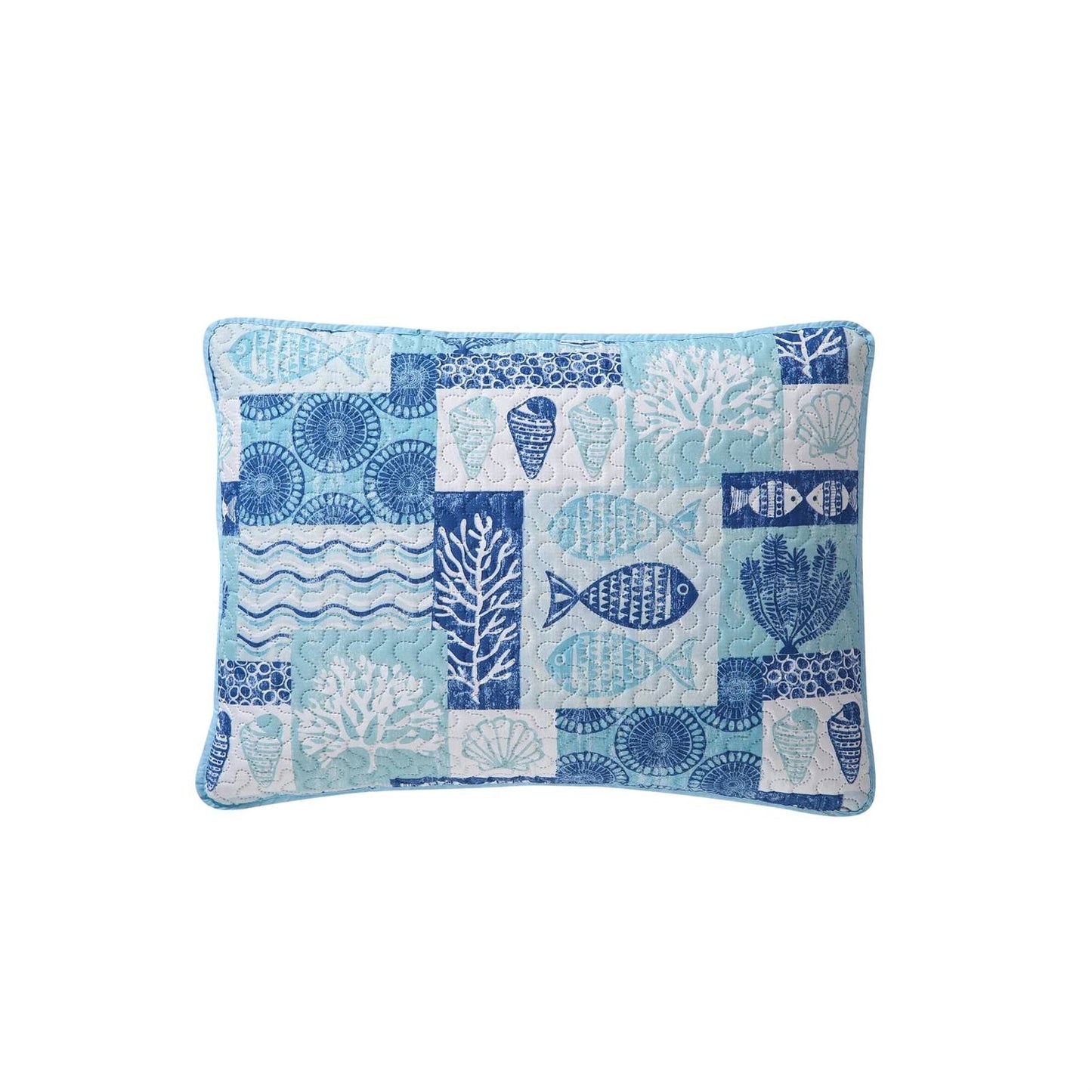 Full/Queen Aqua Blue Cream Beach Sea Shells Coral Fish Coastal 3-Piece Quilt Set - Tampa Home & Garden Store
