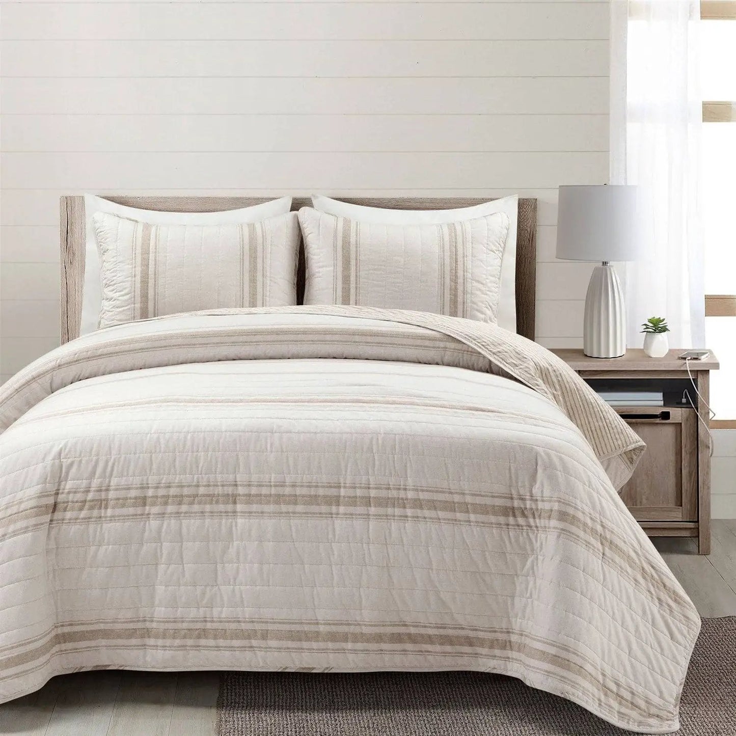 Beige Cream Stripe 3 Piece Reversible Quilt Set with 2 shams by HomePacific on Tampa Home & Garden Store