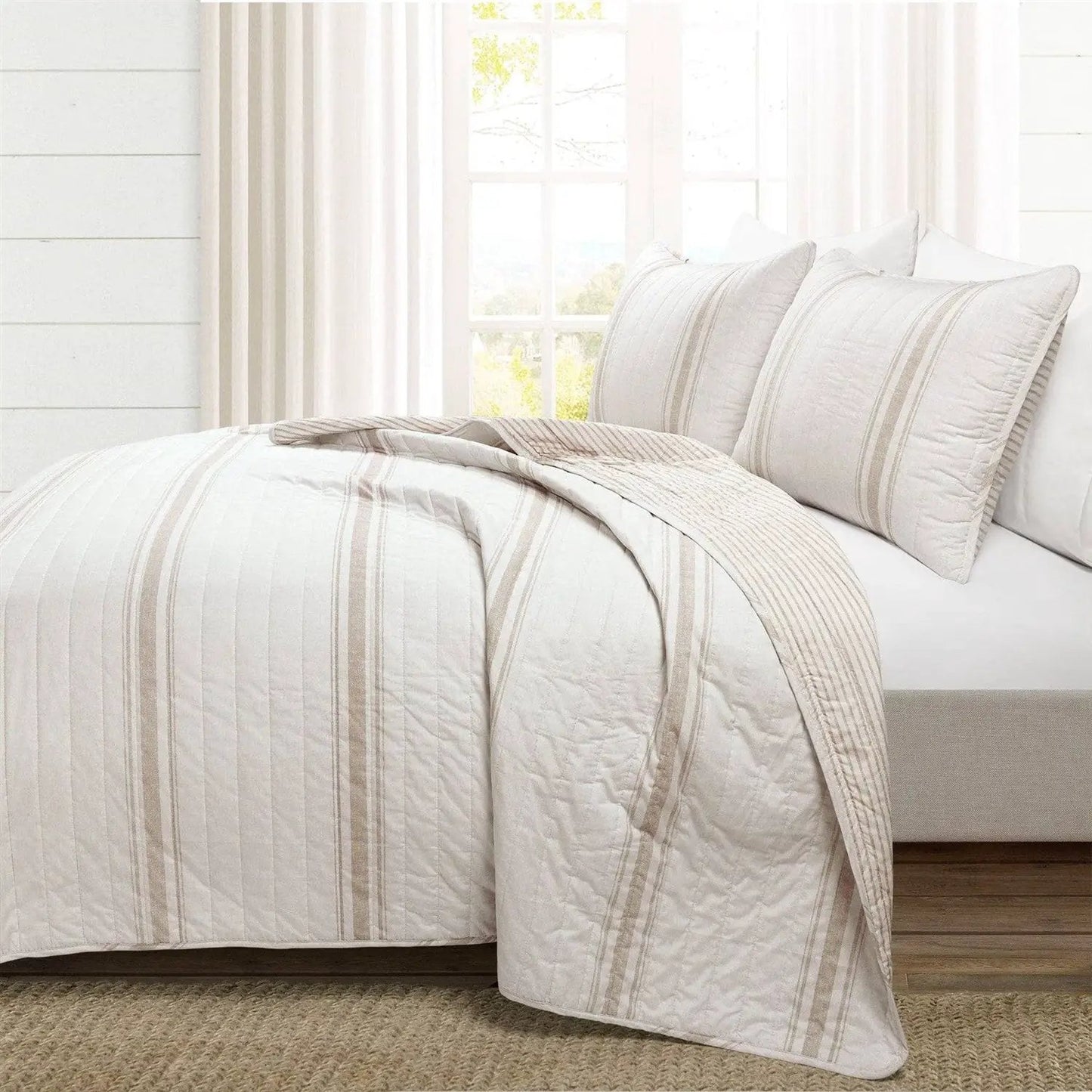 Beige Cream Stripe 3 Piece Reversible Cotton Quilt Set Full/Queen with 2 shams on Tampa Home & Garden Store