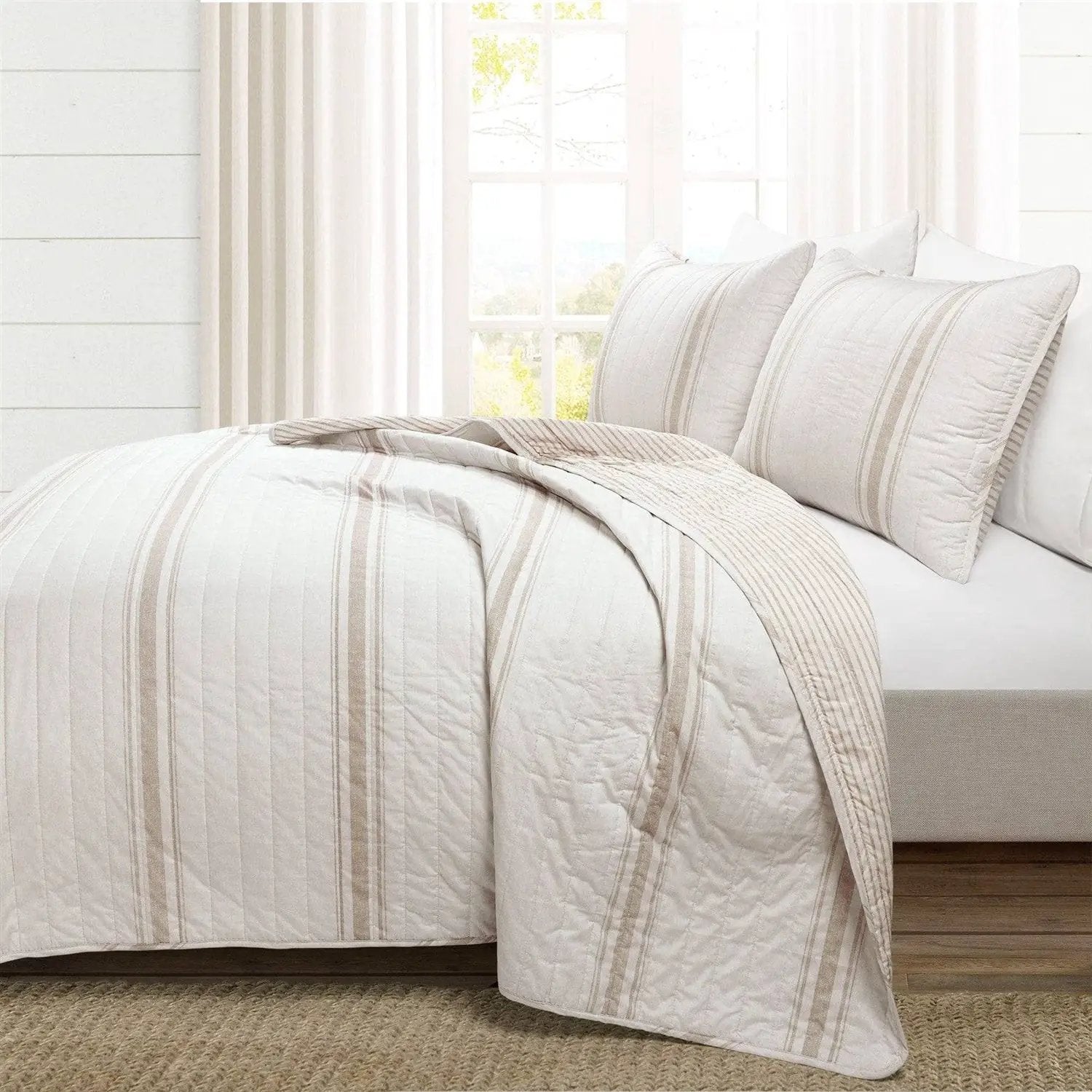 Beige Cream Stripe 3 Piece Reversible Cotton Quilt Set Full/Queen with 2 shams on Tampa Home & Garden Store