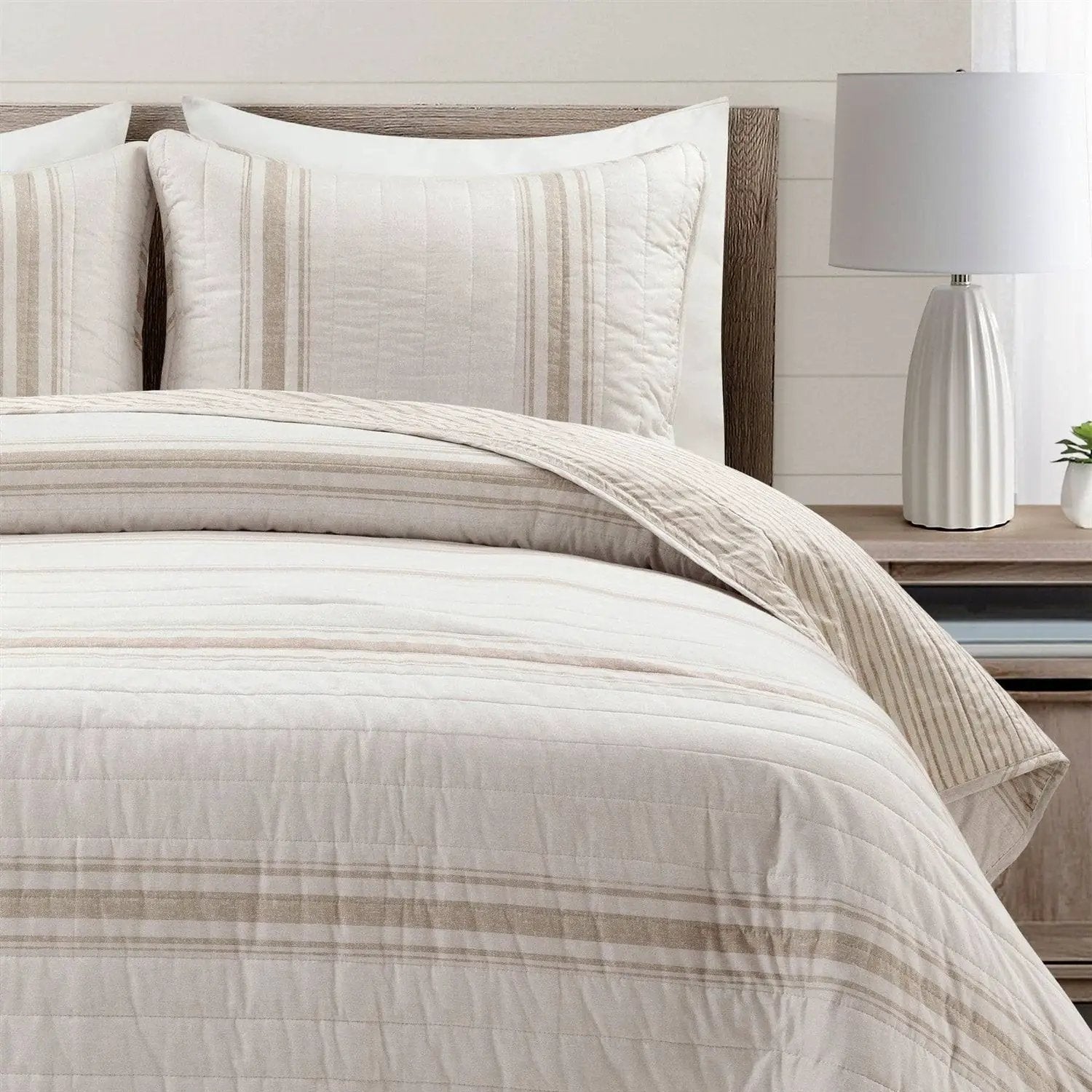 Beige cream stripe reversible quilt set, 3-piece, cotton, full/queen on Tampa Home & Garden Store