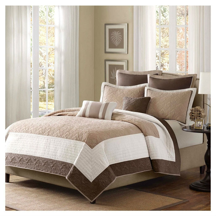 Full / Queen Brown Ivory Tan Cream 7 Piece Quilt Coverlet Bedspread Set - Tampa Home & Garden Store