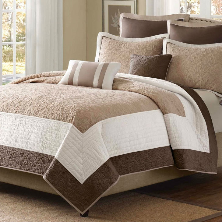 Full / Queen Brown Ivory Tan Cream 7 Piece Quilt Coverlet Bedspread Set - Tampa Home & Garden Store