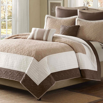 Full / Queen Brown Ivory Tan Cream 7 Piece Quilt Coverlet Bedspread Set - Tampa Home & Garden Store