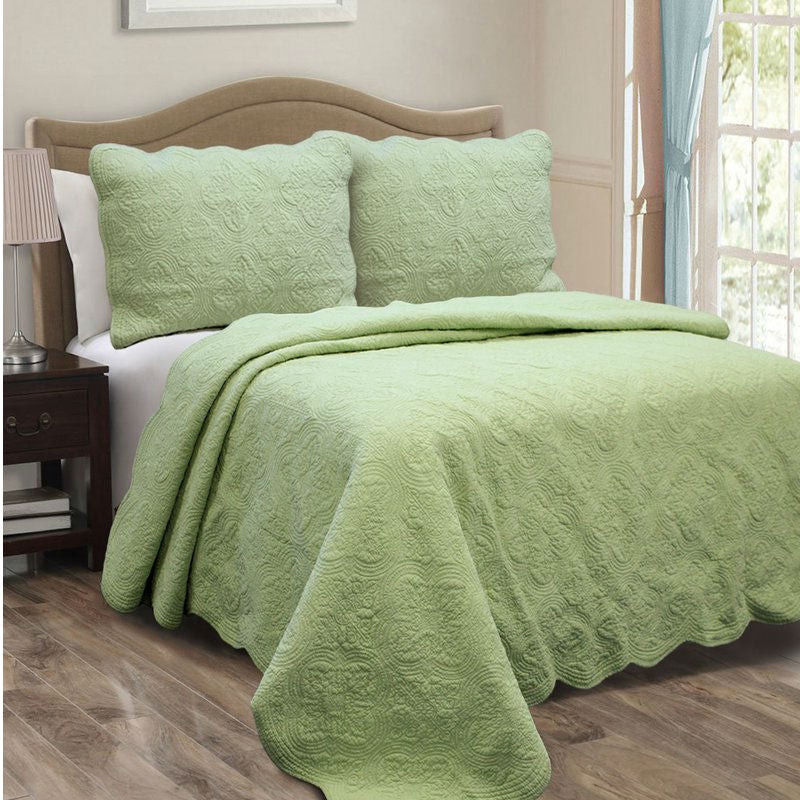 Full Queen Green Cotton Quilt Bedspread with Scalloped Borders - Tampa Home & Garden Store