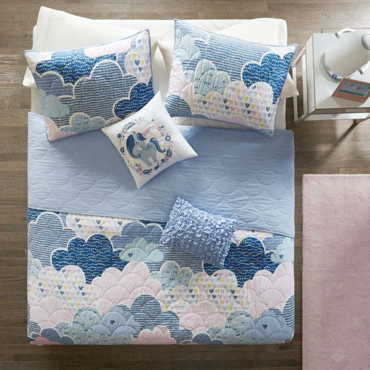 Full/Queen Kids Blue Pink Unicorn Clouds Quilt Coverlet Bedspread Set - Tampa Home & Garden Store