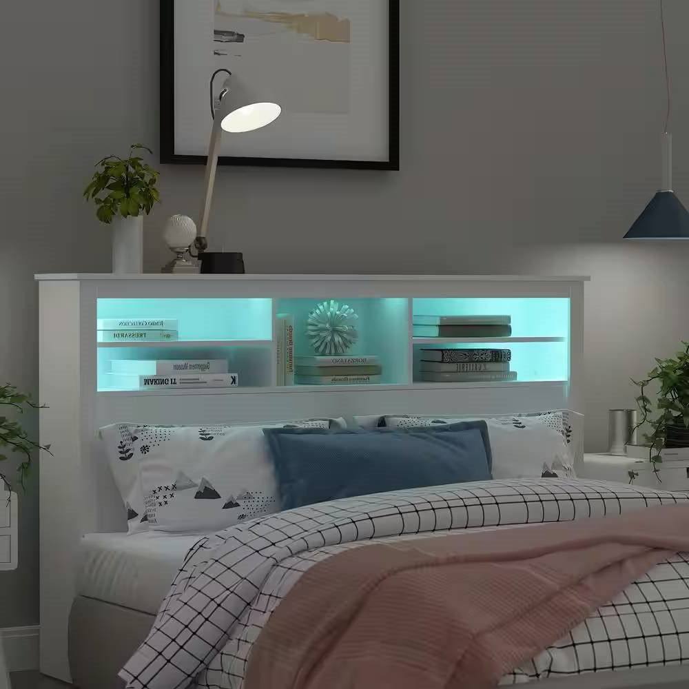 Full / Queen Modern Bookcase Headboard with LED Lights in White Wood Finish - Tampa Home & Garden Store