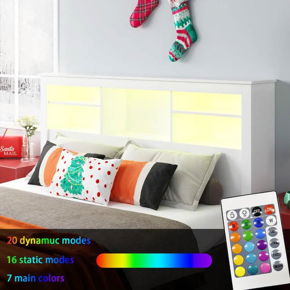 Full / Queen Modern Bookcase Headboard with LED Lights in White Wood Finish - Tampa Home & Garden Store