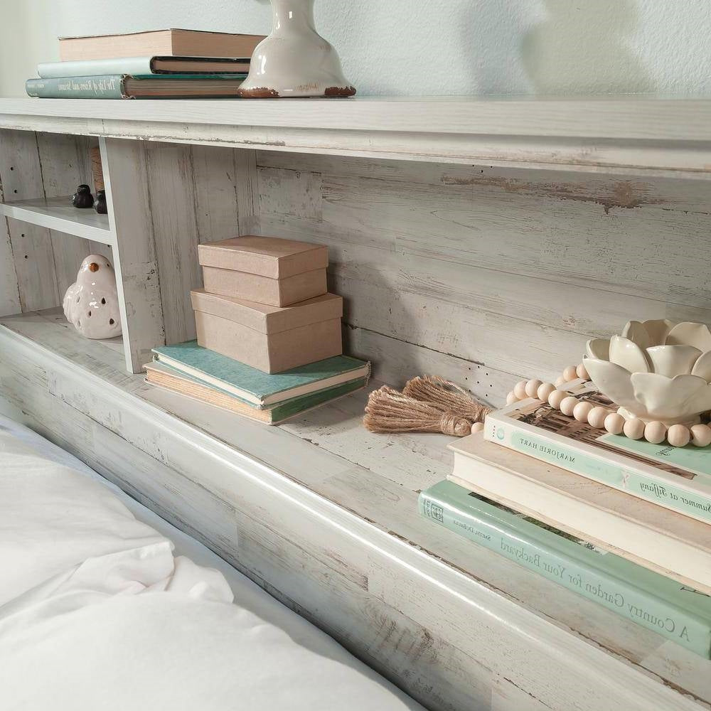 Full / Queen size Farmhouse Bookcase Headboard in Grey White Wood Finish - Tampa Home & Garden Store