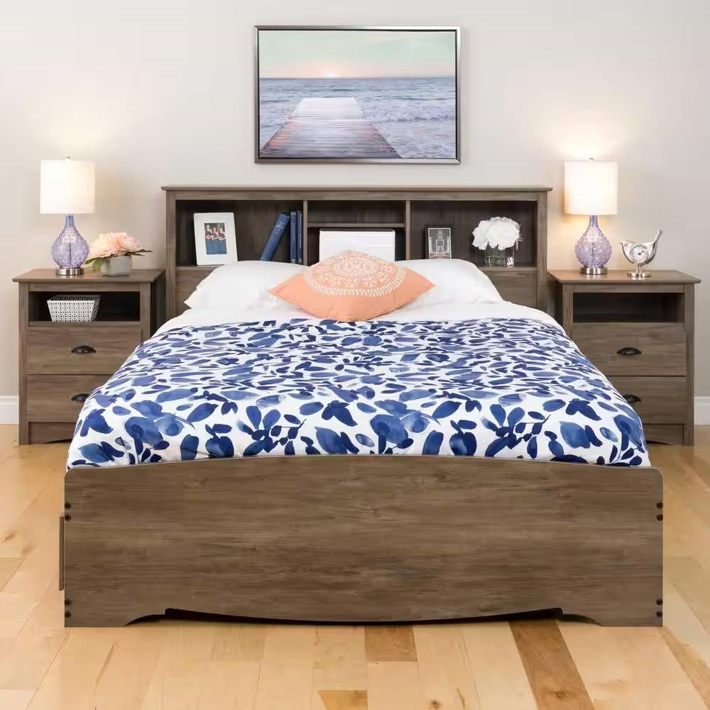Full / Queen size Freestanding Bookcase Headboard in Grey Brown Wood Finish - Tampa Home & Garden Store