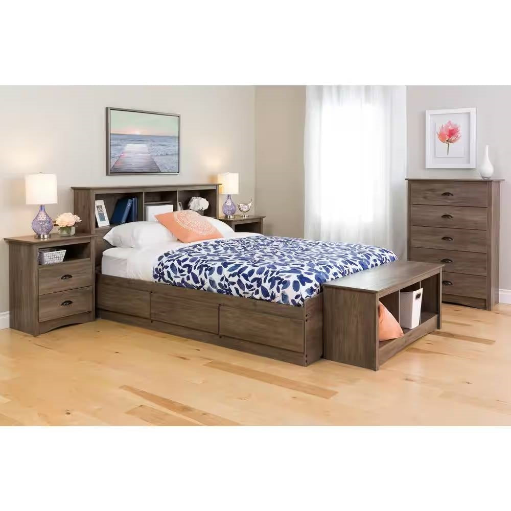 Full / Queen size Freestanding Bookcase Headboard in Grey Brown Wood Finish - Tampa Home & Garden Store