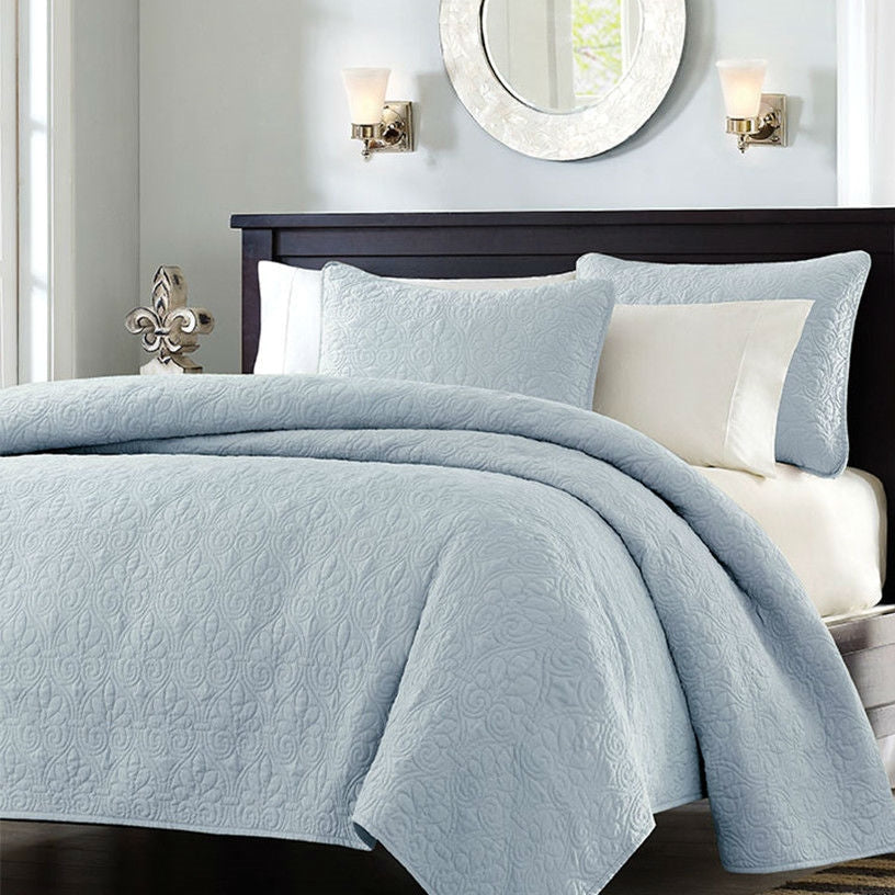 Full / Queen size Quilted Bedspread Coverlet with 2 Shams in Light Blue - Tampa Home & Garden Store