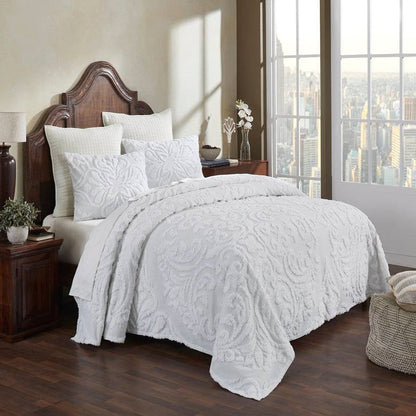 Full Size 100-Percent Cotton Chenille 3-Piece Coverlet Bedspread Set in White - Tampa Home & Garden Store