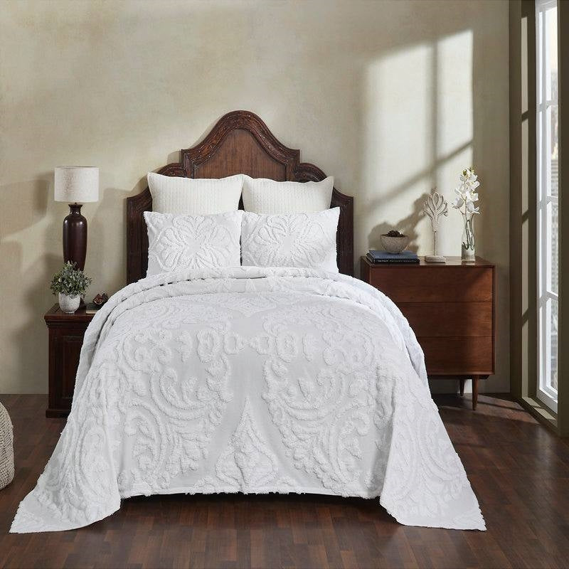 Full Size 100-Percent Cotton Chenille 3-Piece Coverlet Bedspread Set in White - Tampa Home & Garden Store