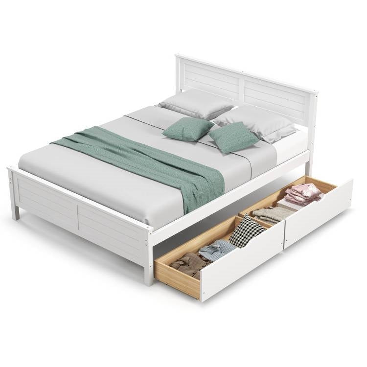 Full Size White Platform Bed Frame with 2 Storage Drawers - Tampa Home & Garden Store