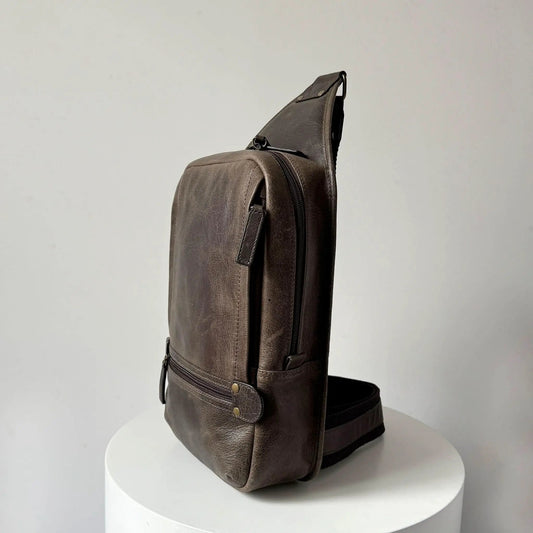 Full Grain Crazy Horse Leather Sling Bag, dark brown leather with front zip pocket on Tampa Home & Garden Store