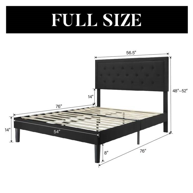 Full size Black Linen Upholstered Platform Bed with Button-Tufted Headboard - Tampa Home & Garden Store