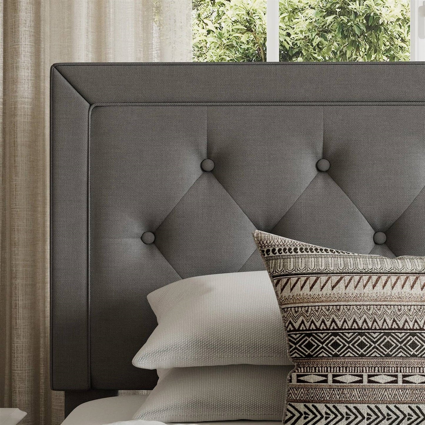 Full size Grey Linen Upholstered Platform Bed Frame with Button-Tufted Headboard - Tampa Home & Garden Store