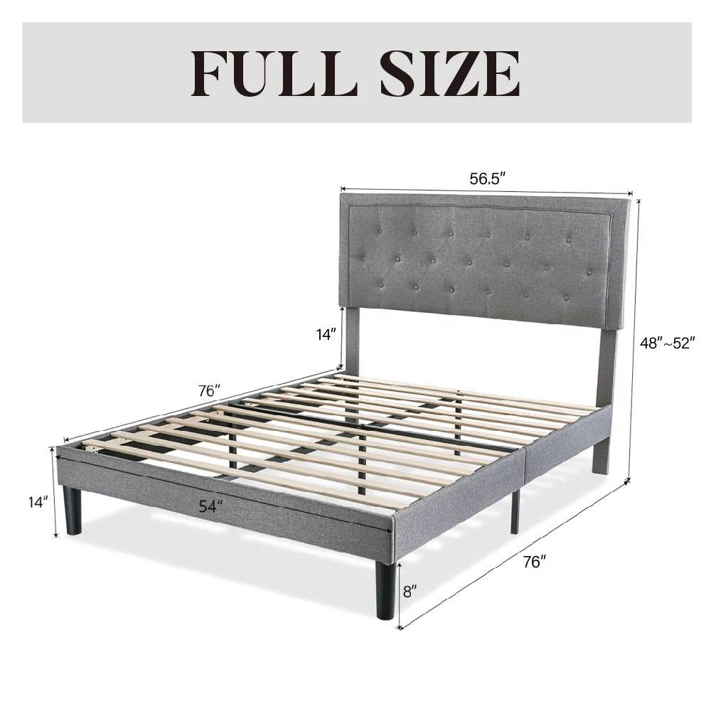 Full size Grey Linen Upholstered Platform Bed Frame with Button-Tufted Headboard - Tampa Home & Garden Store