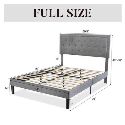 Full size Grey Linen Upholstered Platform Bed Frame with Button-Tufted Headboard - Tampa Home & Garden Store