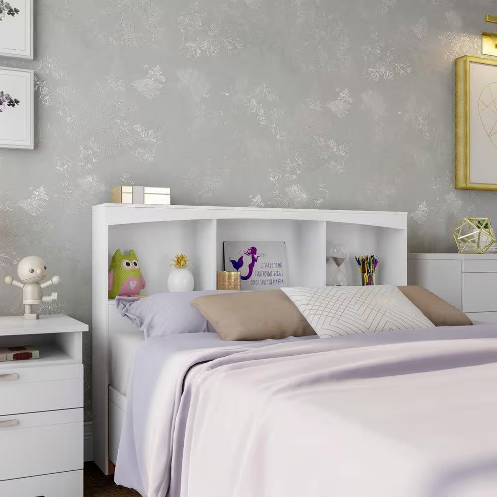 Full size Modern Farmhouse Bookcase Headboard in White Wood Finish - Tampa Home & Garden Store