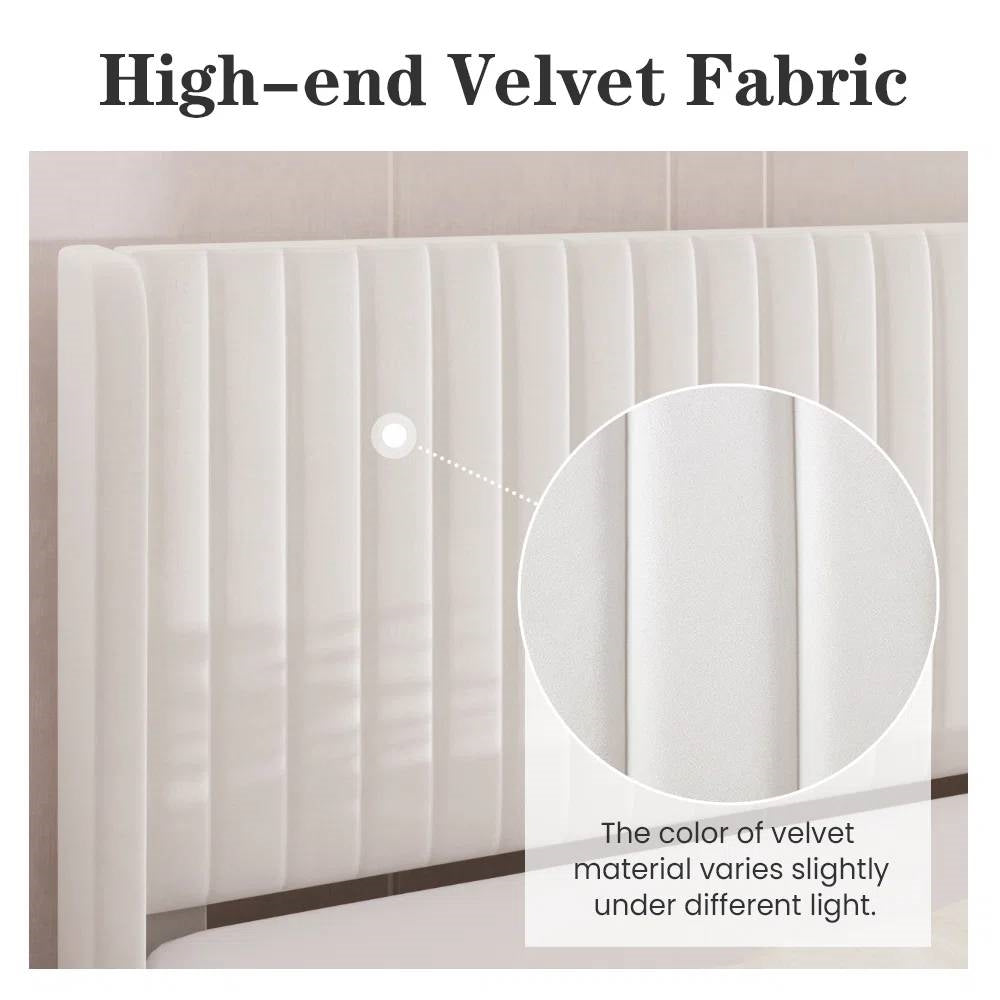 Full size White Velvet Upholstered Platform Bed Frame with Wingback Headboard - Tampa Home & Garden Store