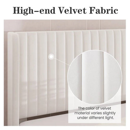 Full size White Velvet Upholstered Platform Bed Frame with Wingback Headboard - Tampa Home & Garden Store