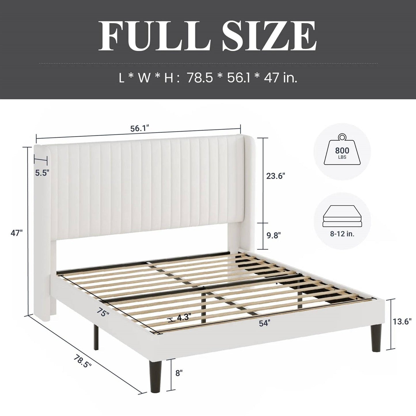 Full size White Velvet Upholstered Platform Bed Frame with Wingback Headboard - Tampa Home & Garden Store