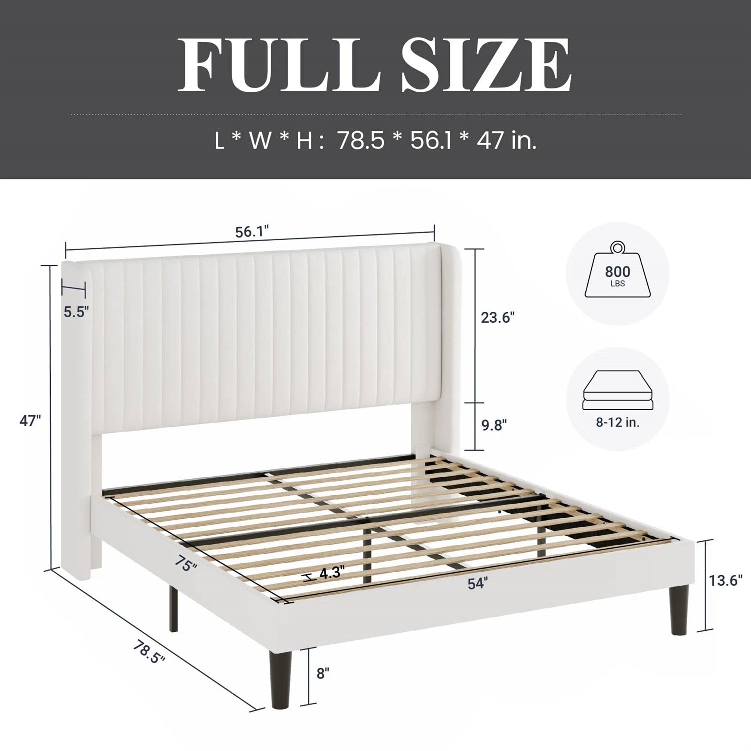 Full size White Velvet Upholstered Platform Bed Frame with Wingback Headboard - Tampa Home & Garden Store