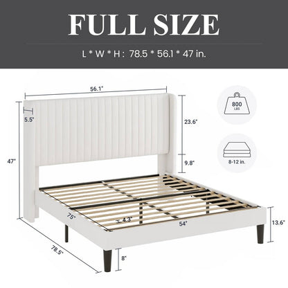 Full size White Velvet Upholstered Platform Bed Frame with Wingback Headboard - Tampa Home & Garden Store