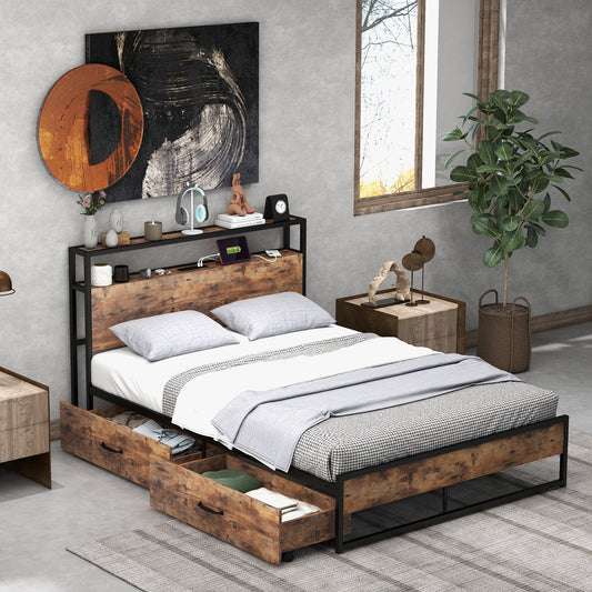 Full/Queen Bed Frame with 2-Tier Storage Headboard and Charging Station-Full Size - Tampa Home & Garden Store
