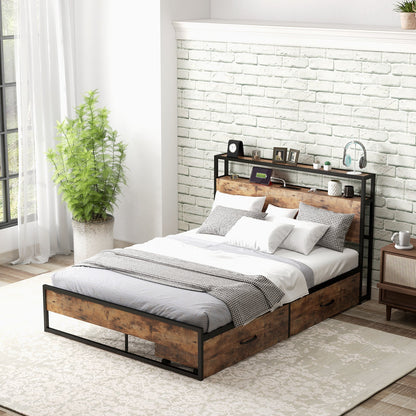Base de cama Full/Queen con cabecero de almacenamiento de 2 niveles y estación de carga-Tamaño matrimonial