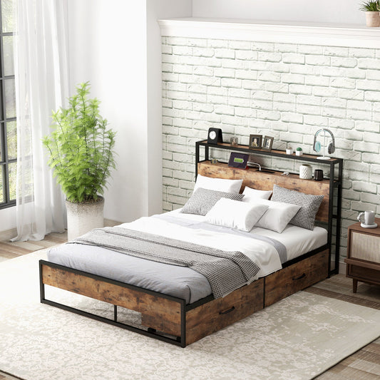 Full/Queen Bed Frame with 2-Tier Storage Headboard and Charging Station-Full Size - Tampa Home & Garden Store