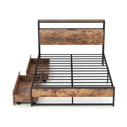 Base de cama Full/Queen con cabecero de almacenamiento de 2 niveles y estación de carga-Tamaño matrimonial