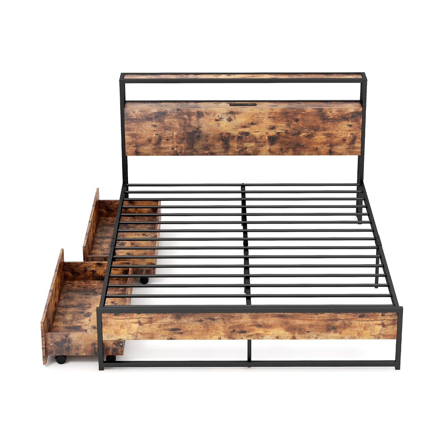 Base de cama Full/Queen con cabecero de almacenamiento de 2 niveles y estación de carga-Tamaño matrimonial