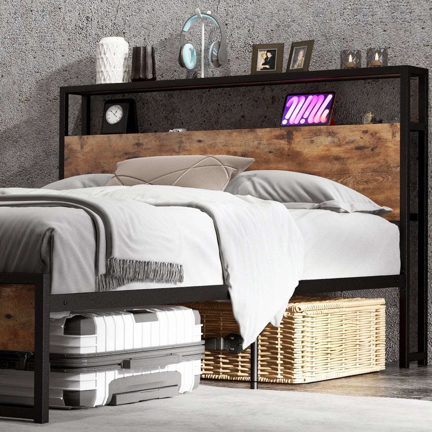 Base de cama Full/Queen con cabecero de almacenamiento de 2 niveles y estación de carga-Tamaño matrimonial