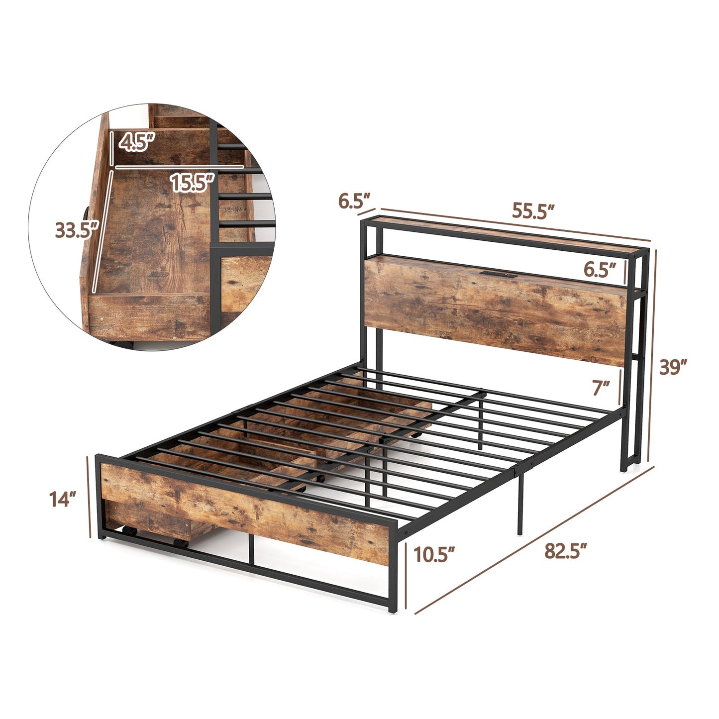 Base de cama Full/Queen con cabecero de almacenamiento de 2 niveles y estación de carga-Tamaño matrimonial