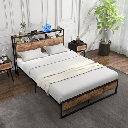 Base de cama Full/Queen con cabecero de almacenamiento de 2 niveles y estación de carga-Tamaño matrimonial