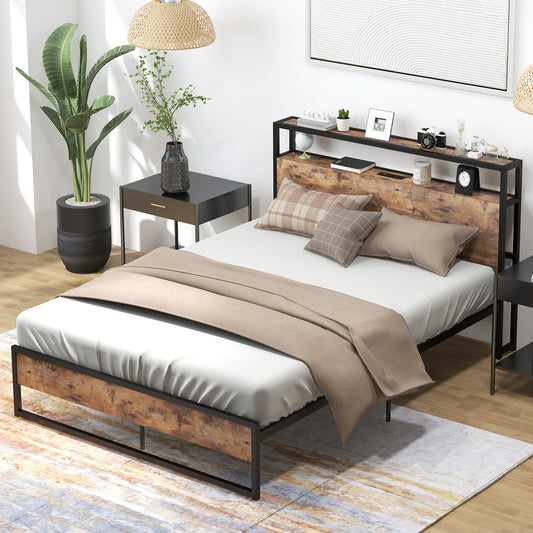 Full/Queen Bed Frame with 2-Tier Storage Headboard and Charging Station-Full Size - Tampa Home & Garden Store