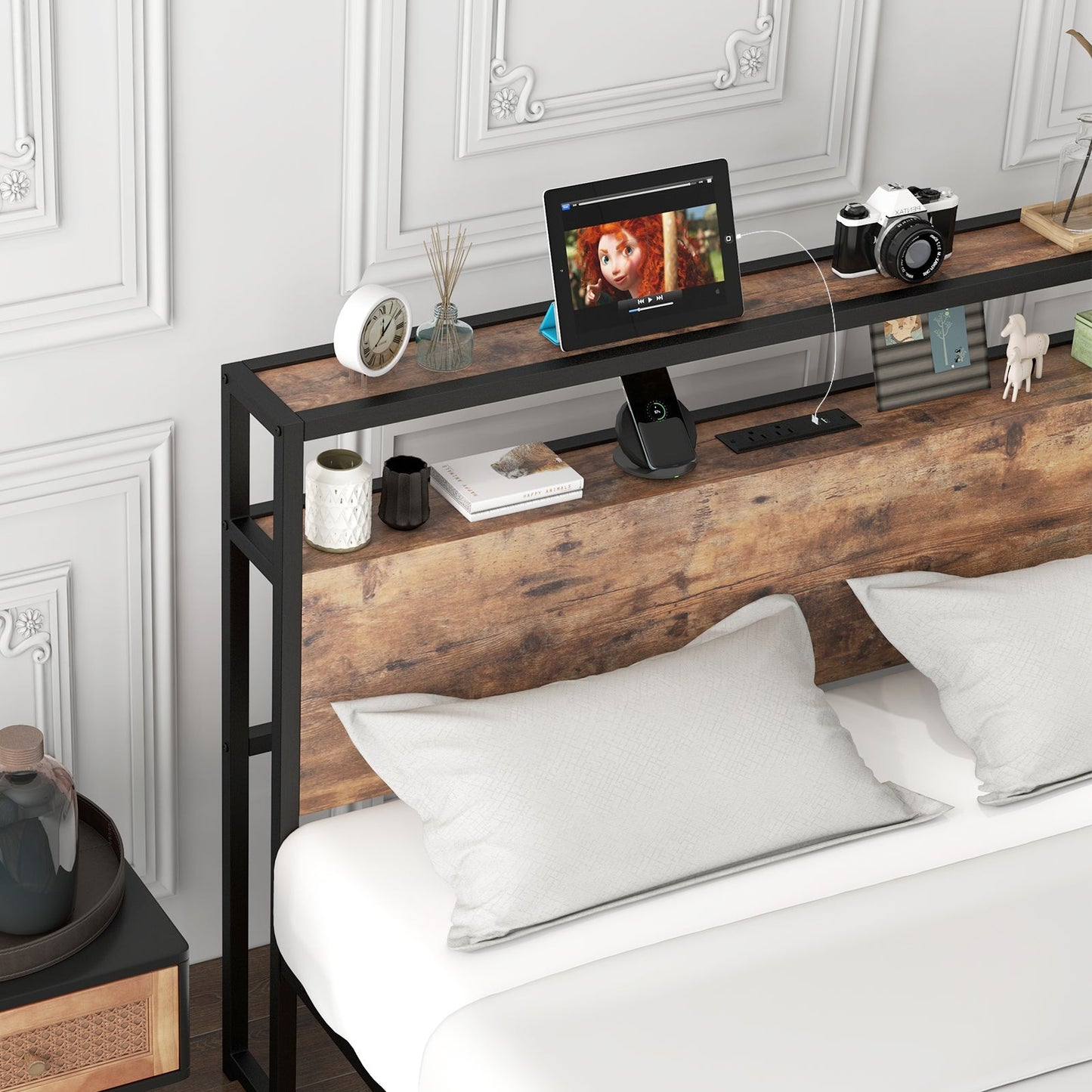 Base de cama Full/Queen con cabecero de almacenamiento de 2 niveles y estación de carga-Tamaño matrimonial