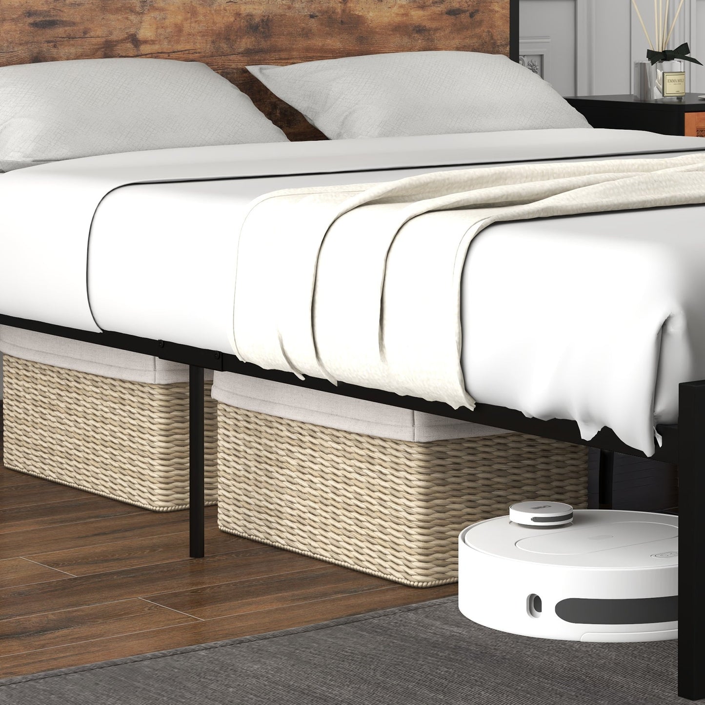 Base de cama Full/Queen con cabecero de almacenamiento de 2 niveles y estación de carga-Tamaño matrimonial
