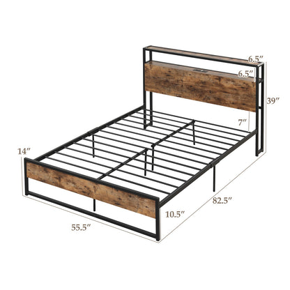 Base de cama Full/Queen con cabecero de almacenamiento de 2 niveles y estación de carga-Tamaño matrimonial