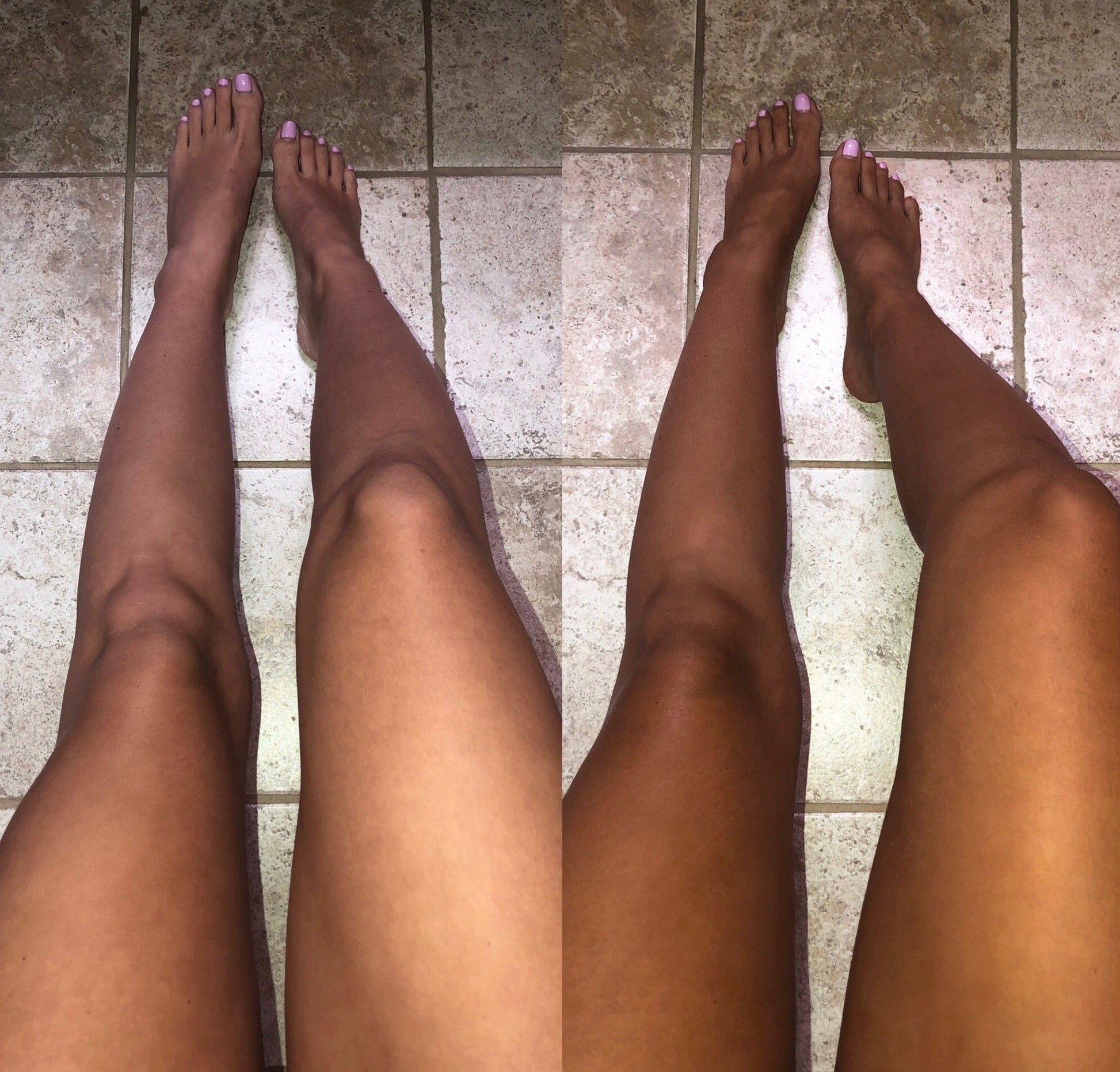 Rapid Rinse Self Tanning Mousse legs on tile floor; pink toenails; dark bronze whipped foam on Tampa Home & Garden Store