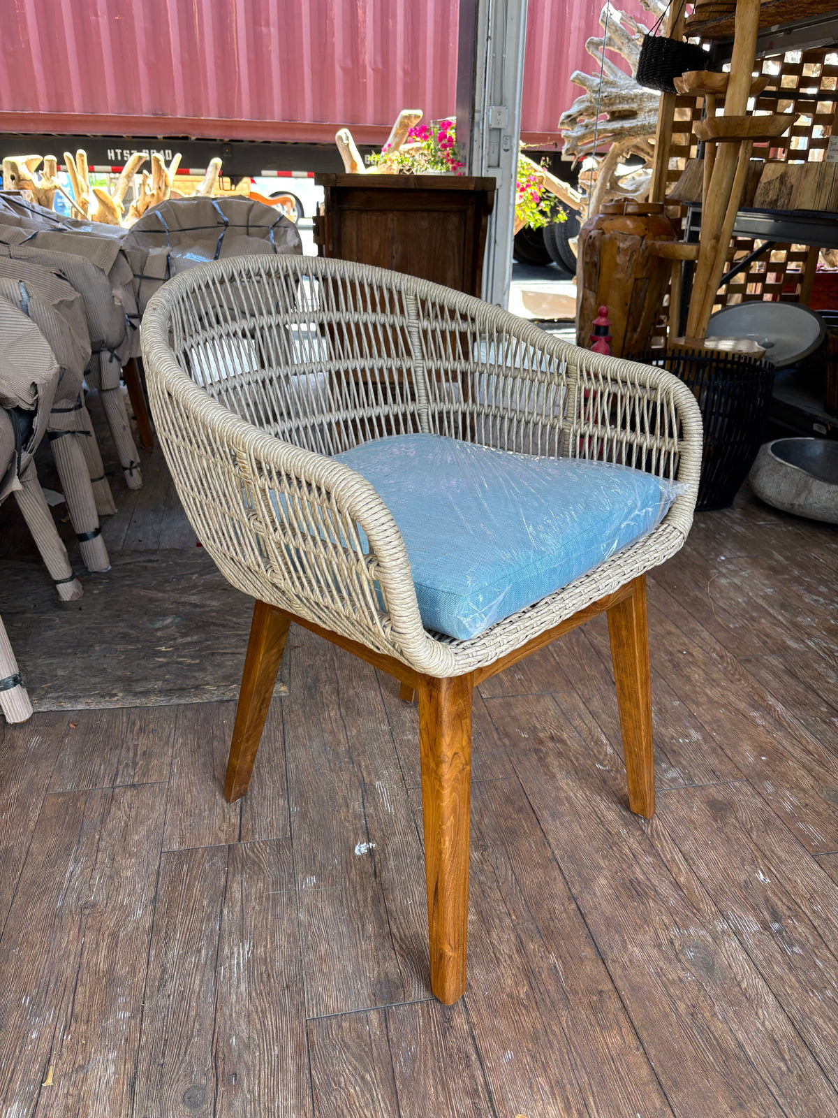 Synthetic Rope Teak Arm Chair With Blue Cushion