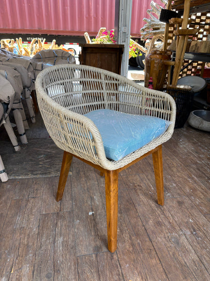 Synthetic Rope Teak Arm Chair With Blue Cushion