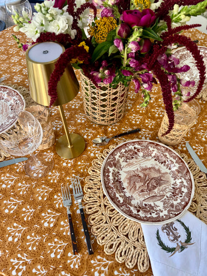 Laurel Tablecloth in Goldenrod with white botanical pattern on Tampa Home & Garden Store