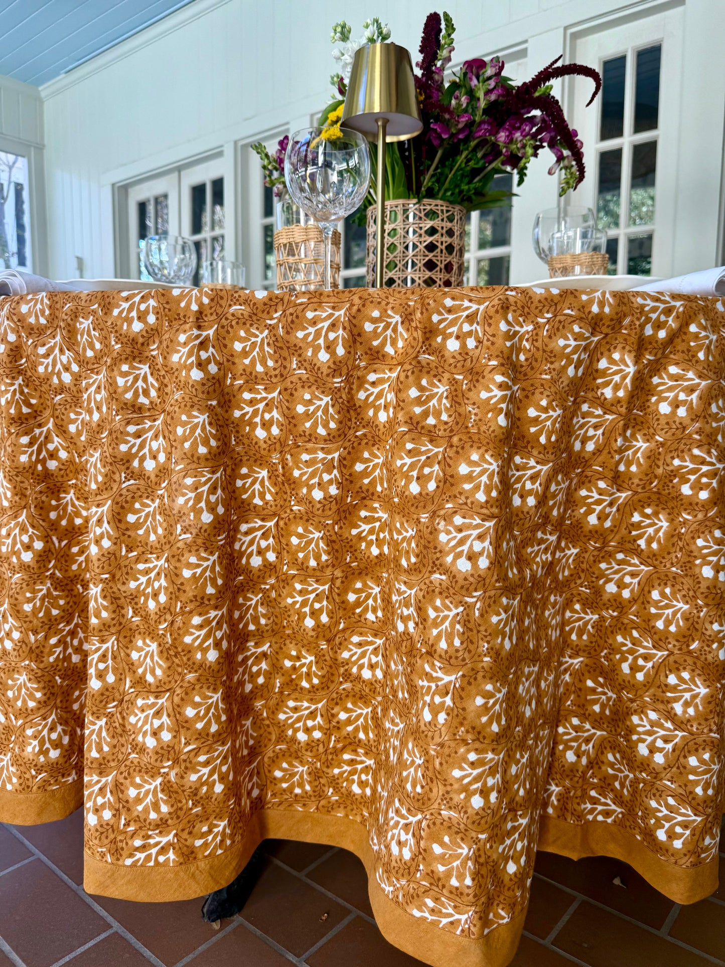 Laurel Tablecloth in Goldenrod; goldenrod fabric with white botanical print by Erin Donahue Tice on Tampa Home & Garden Store