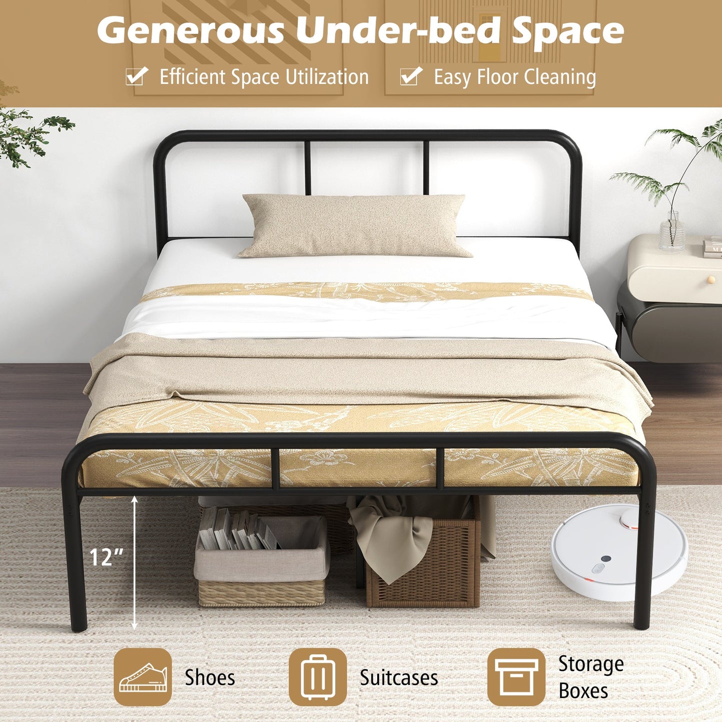 Base de cama completa con cabecero y piecero, no necesita somier - Negro