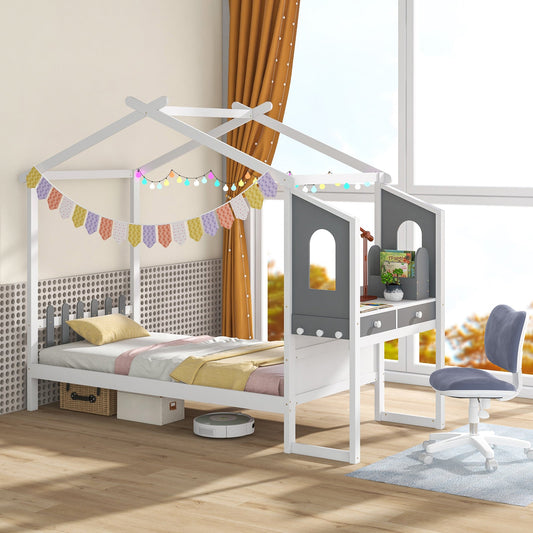 Twin/Full Bed Frame with House Roof Canopy and Fence for Kids - Tampa Home & Garden Store
