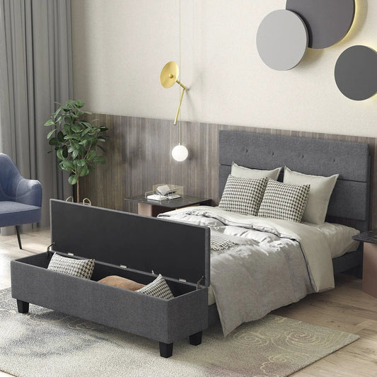 Upholstered gray platform bed frame with tufted headboard and foot ottoman storage on Tampa Home & Garden Store